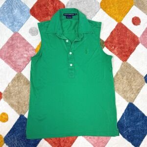 Ralph Lauren Golf Womens Green Sleeveless Polo Shirt Striped Collar Small